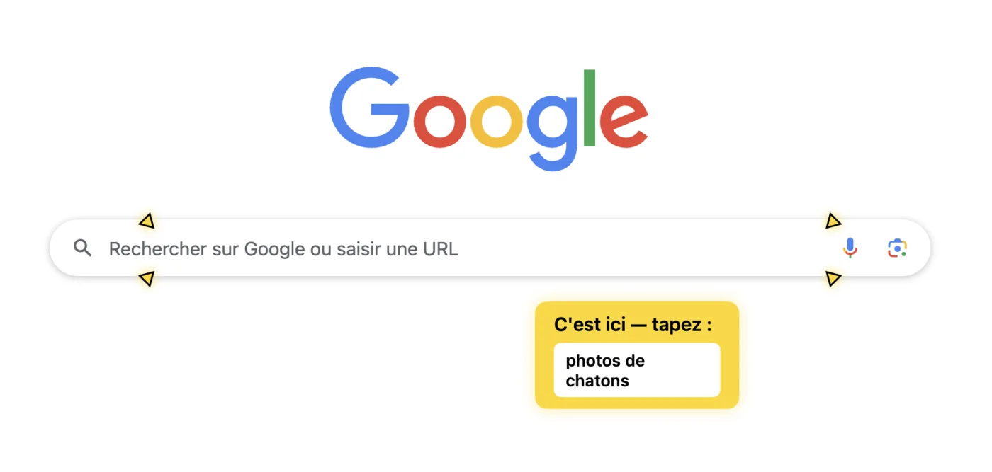 Bulle de copie Indigo affichée au-dessus du curseur jaune avec une adresse courte à recopier comme ameli.fr